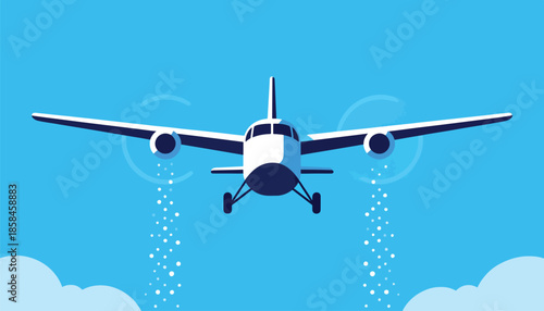 Front view of a white twin-engine propeller plane flying through a clear blue sky with clouds