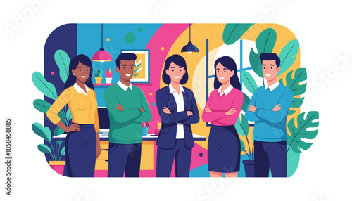 Diverse team of professionals smiling in a vibrant office setting