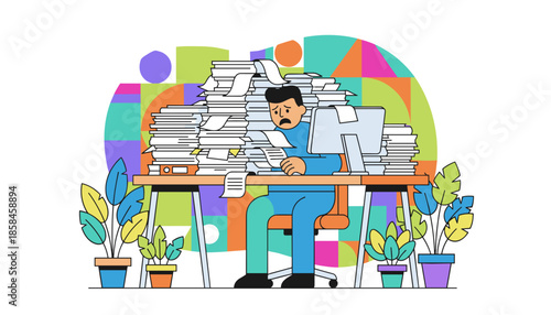Stressed employee buried under massive paperwork stack symbolizing workload and burnout