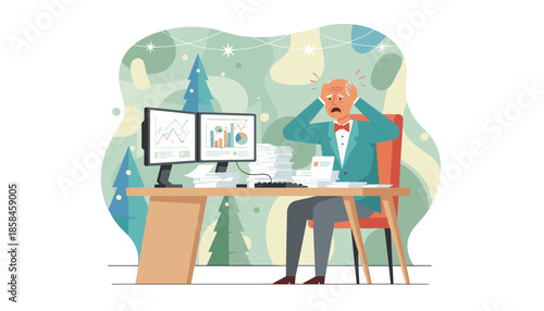 Overwhelmed man stressed by huge workload and yearend deadlines during the holiday season