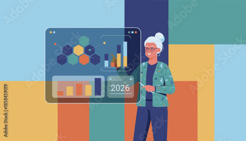 Professional senior woman presenting future financial data and analysis on a futuristic digital screen