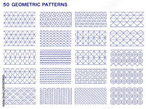 A collection of fifty diverse geometric patterns in shades of blue
