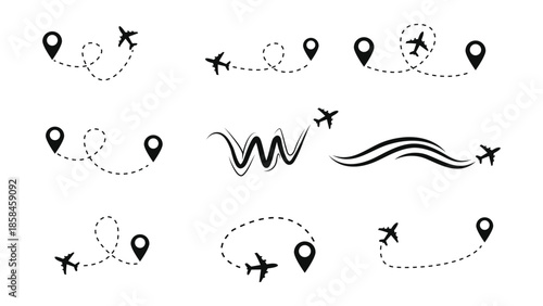 A collection of various flight path graphics featuring airplanes and location markers in a modern style