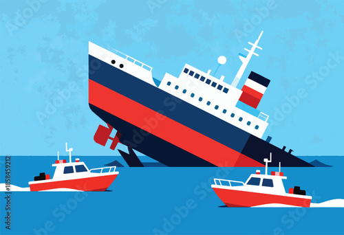 A large vessel lists heavily in the water, with two smaller boats nearby