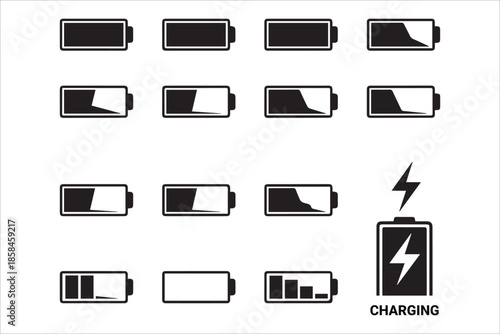 Vector  Battery charging charge indicator icon , level battery energy. Alkaline battery capacity charge icon , Battery icons set in flat line style