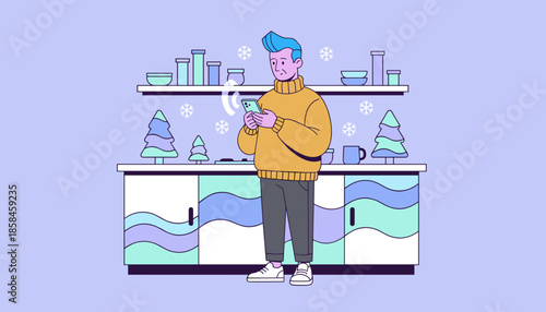 Casual man uses smartphone in a stylized cozy winter kitchen illustration