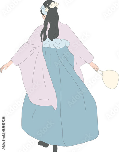 パステルカラーの袴を着た女性の後ろ姿