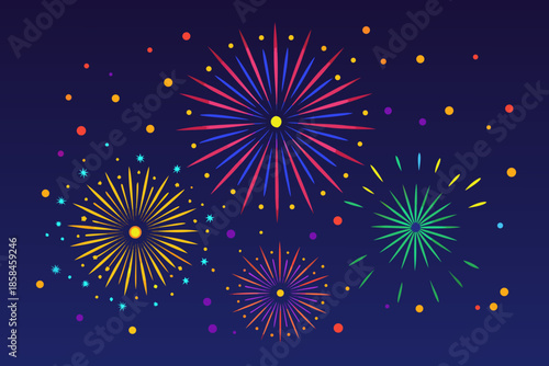Colorful firework display against a dark blue nighttime sky with vibrant bursts