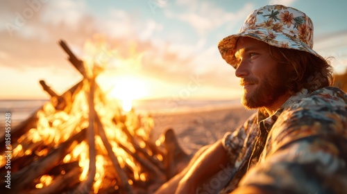 A serene scene of a man enjoying a sunset by a beach campfire, capturing the essence of tranquility and connection with nature at dusk.