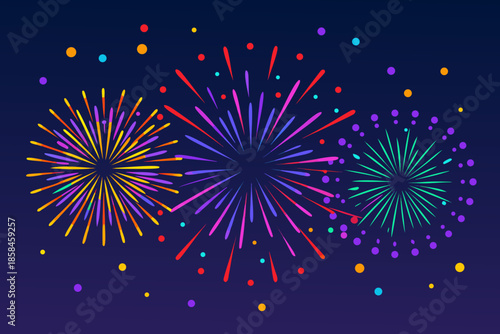 Colorful fireworks display illuminating a dark blue night sky with vibrant bursts
