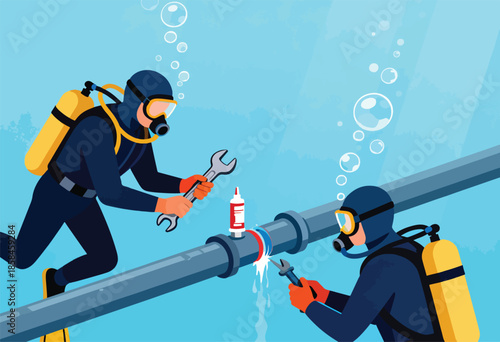Underwater repairmen fixing a leaking pipe