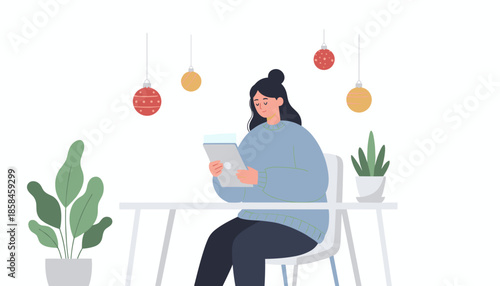 Woman using tablet for work or shopping during the holidays Flat vector illustration