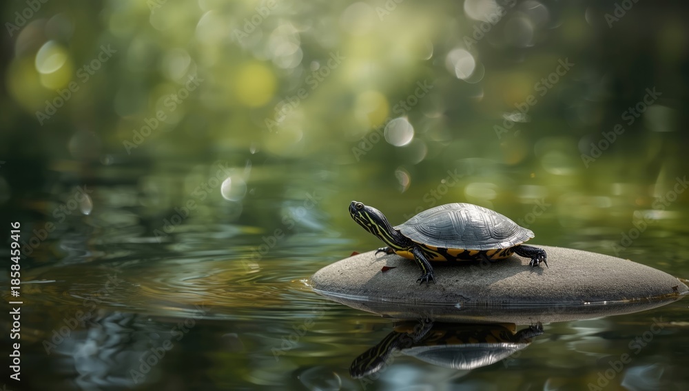 Fototapeta premium Red-eared turtle resting on a pond, highlighting reptile's natural environment and shell features, Earth Day