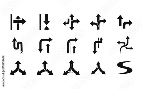 A collection of diverse directional arrow symbols indicating various paths and movements in black and white