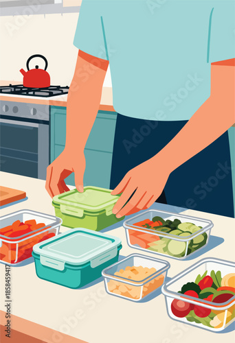Person packing healthy food in meal prep containers in a kitchen