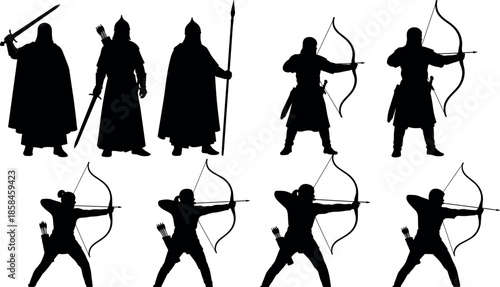 Black Silhouette Set of Medieval Warriors Including Archers with Bows Knights with Swords and Royal Guards with Spears for Vector Design