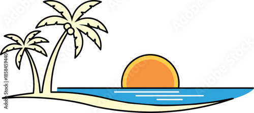 Tropical Island with Palm Trees and Sunset.