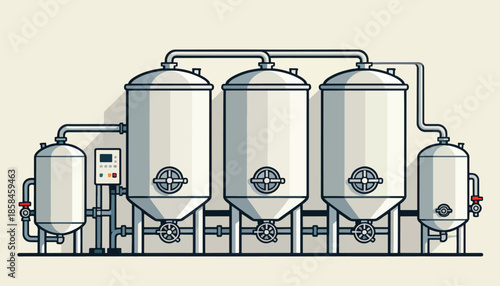 Industrial brewing tanks connected by pipes, with a control panel