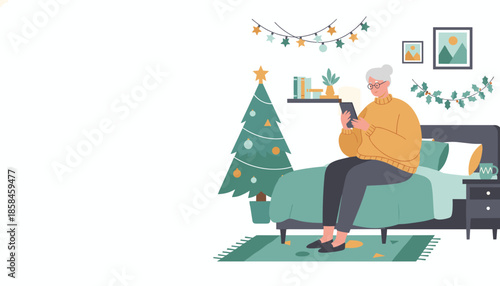 Senior woman uses tablet sitting on bed in a cozy Christmasdecorated room