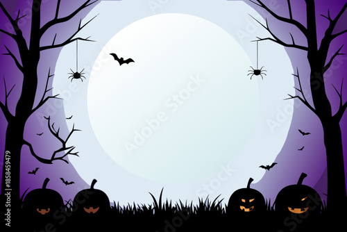 A spooky halloween scene with a full moon pumpkins and silhouetted bats