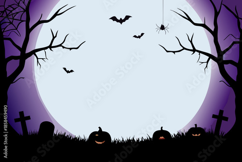 Spooky halloween scene with a full moon silhouetted trees and pumpkins