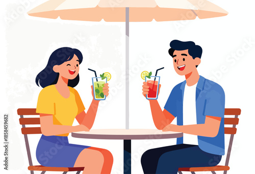 Two people enjoying refreshing drinks together at a table under an umbrella