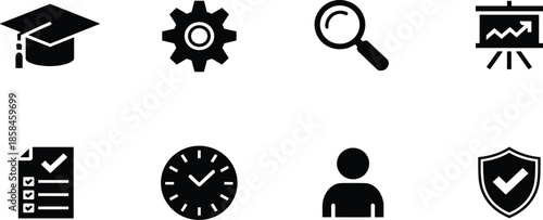 Academic graduation cap and business management icon set: gear settings, search magnifier, rising growth chart, and verified shield