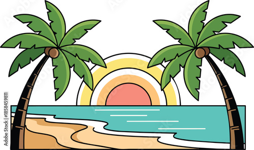 Tropical Palm Trees with Sunset Illustration.