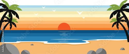 Palm Trees on Sandy Beach at Sunset.