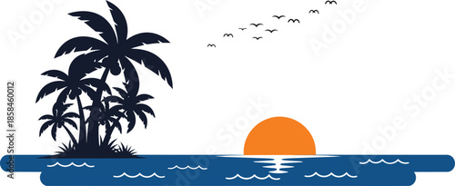 Palm Trees Island Sunset Ocean Scene.
