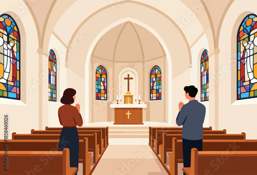 Two people pray in a church, facing an altar with stained-glass windows