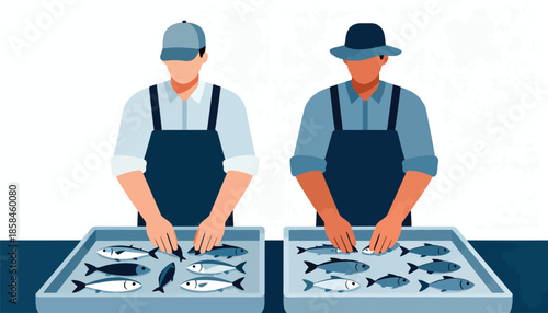 Two workers in aprons and hats handle trays of fish