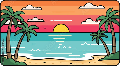 Tropical Beach Scene with Palm Trees.