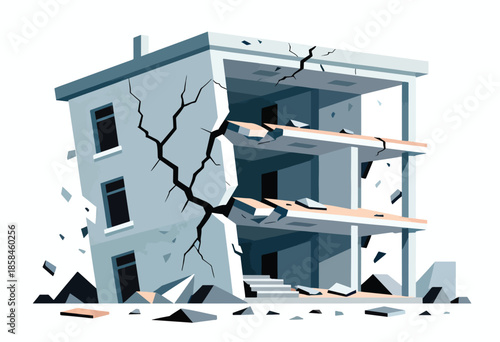 Damaged modern building with cracked walls and broken floors, debris scattered