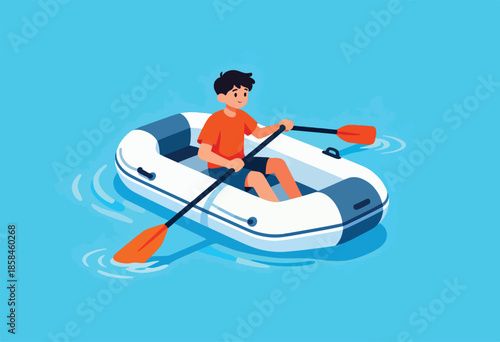 Person rowing an inflatable raft on a calm blue water surface