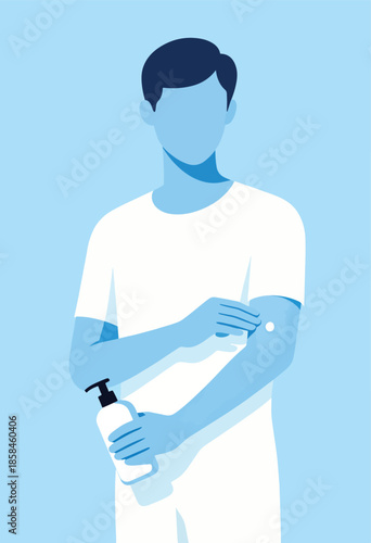 A person applies cream to their arm from a pump bottle