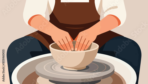Hands shape clay on pottery wheel, creating a bowl with focused skill