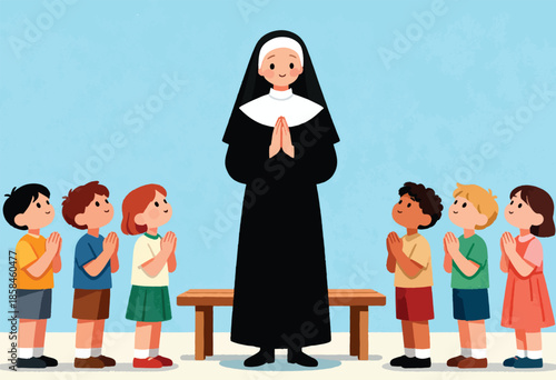 A nun leads children in prayer before a wooden altar