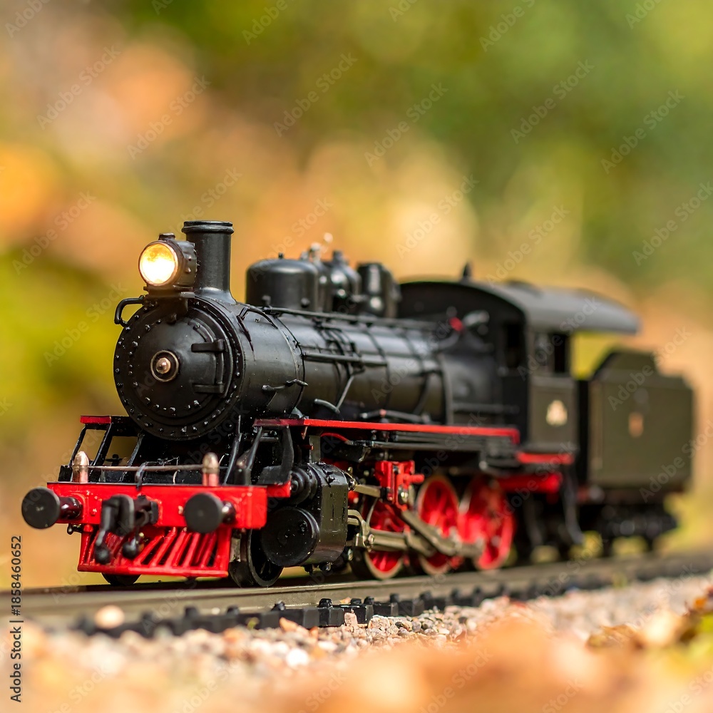 Fototapeta premium Miniature black train with red accents rolls on tracks in the woods
