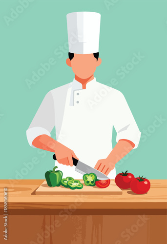 A chef in a white uniform and hat cuts green peppers and tomatoes on a wooden board
