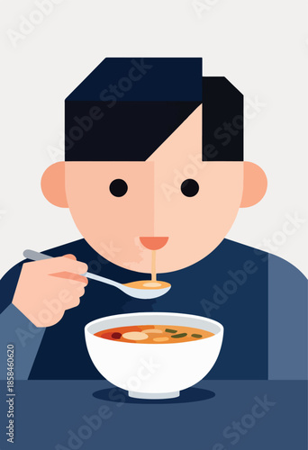 A person eats soup with a spoon from a bowl, with droplets falling