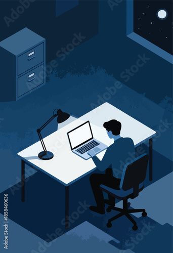 A person works on a laptop at a desk in a dark room at night