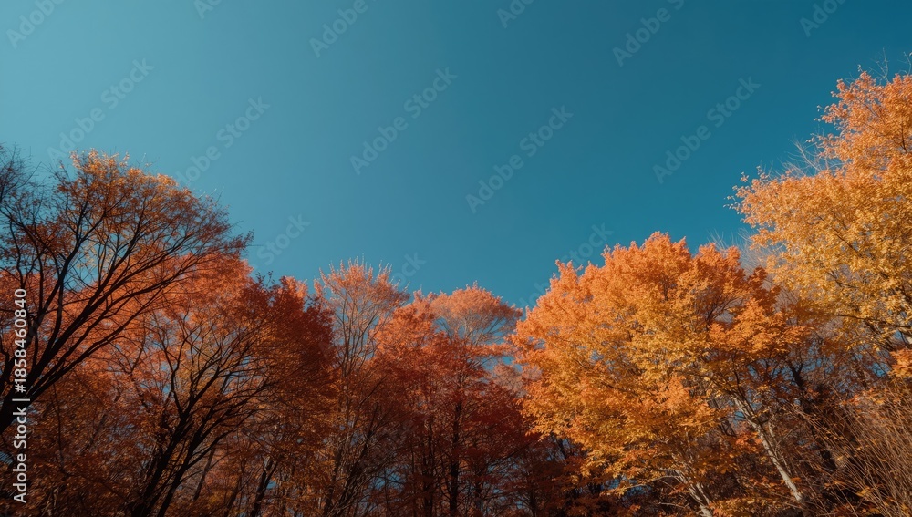 Fototapeta premium Autumn season with tree tops and vibrant sky, highlighting natural transition