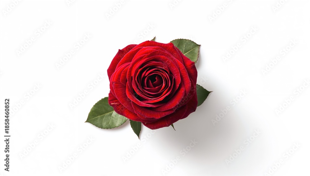 Fototapeta premium Single red rose with accompanying leaves resting on a white backdrop, ideal for botanical motif layouts