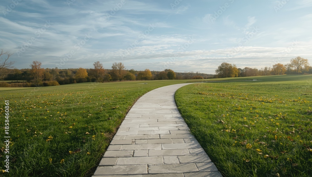 Obraz premium Green grassy park pathway with white stones and autumn leaves, ideal for editorial header backgrounds