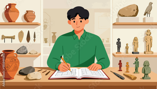 A person studies ancient artifacts and artifacts in a museum setting