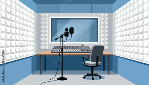 A sound recording studio with a microphone, soundboard, and chair