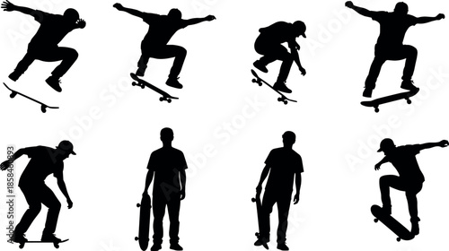 Skateboarder Silhouettes Set with Man Performing Kickflip Tricks Jumping and Standing with Skateboard Vector Illustration for Urban Sports Design Projects
