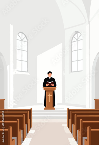 Clergy member stands at a wooden pulpit in an empty church sanctuary