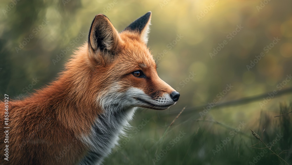 Fototapeta premium Profile of a red fox during spring showing fur and tail, natural environment, wildlife scene